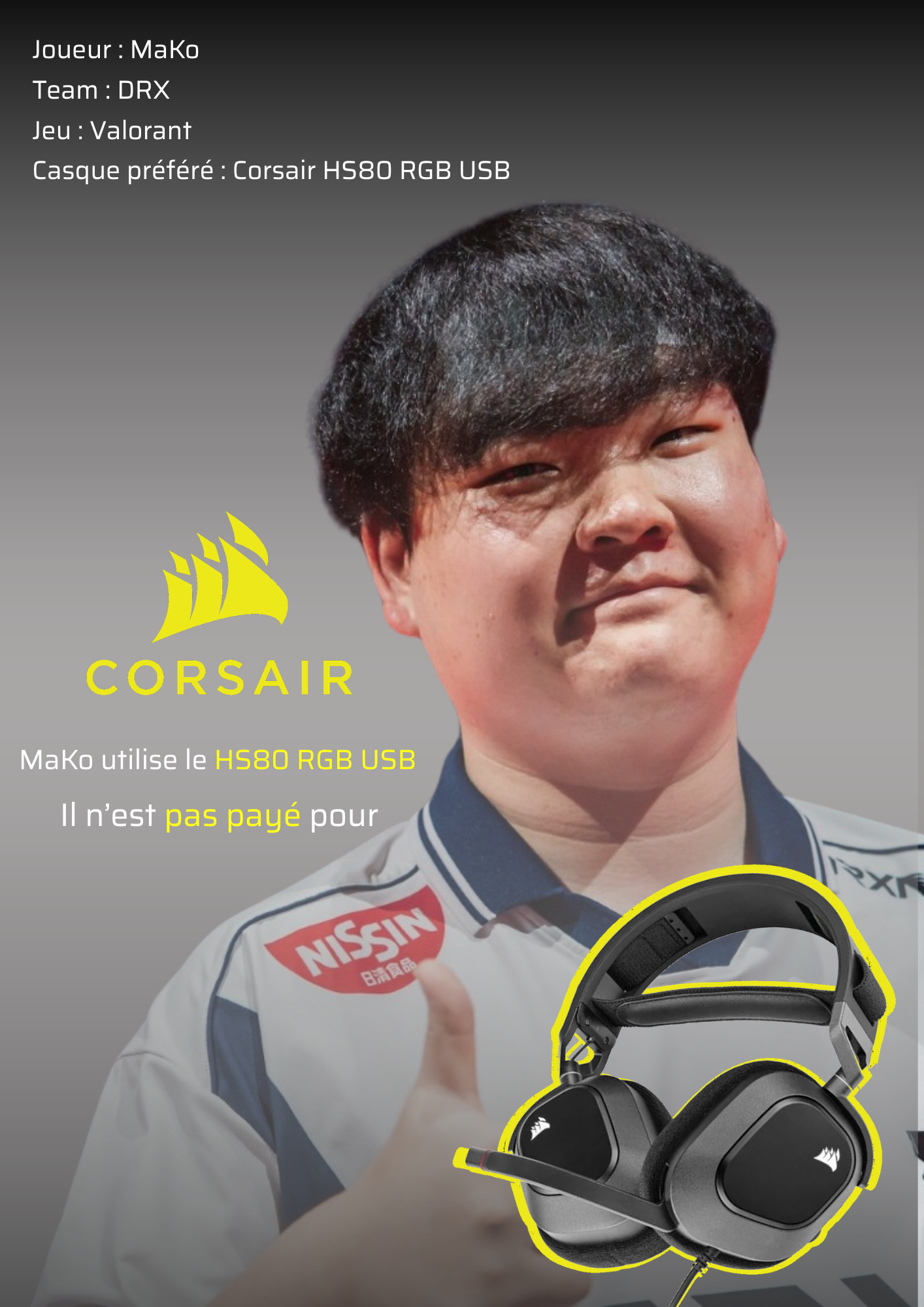 Affiche verticale CORSAIR : MaKo, casque HS80 RGB USB
